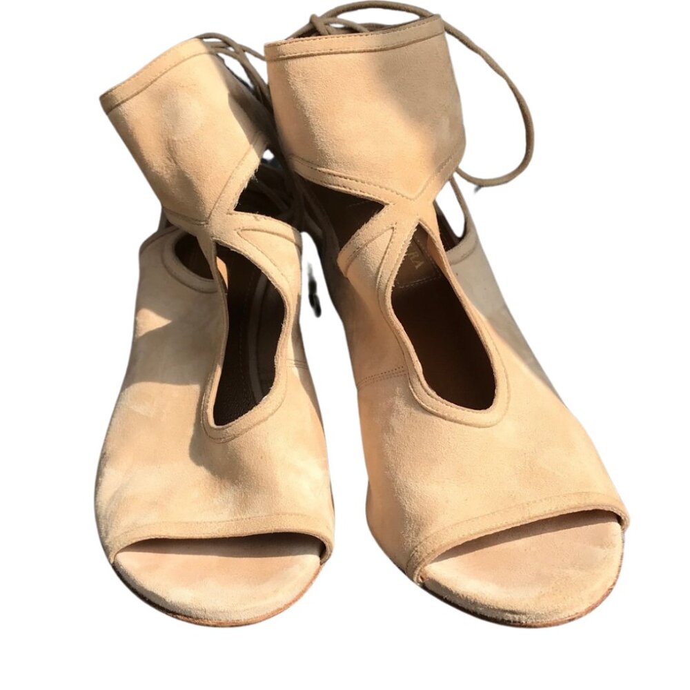 Aquazzura Firenze Tan Suede Wedge Heels Sz 37 EU/6.5 US
